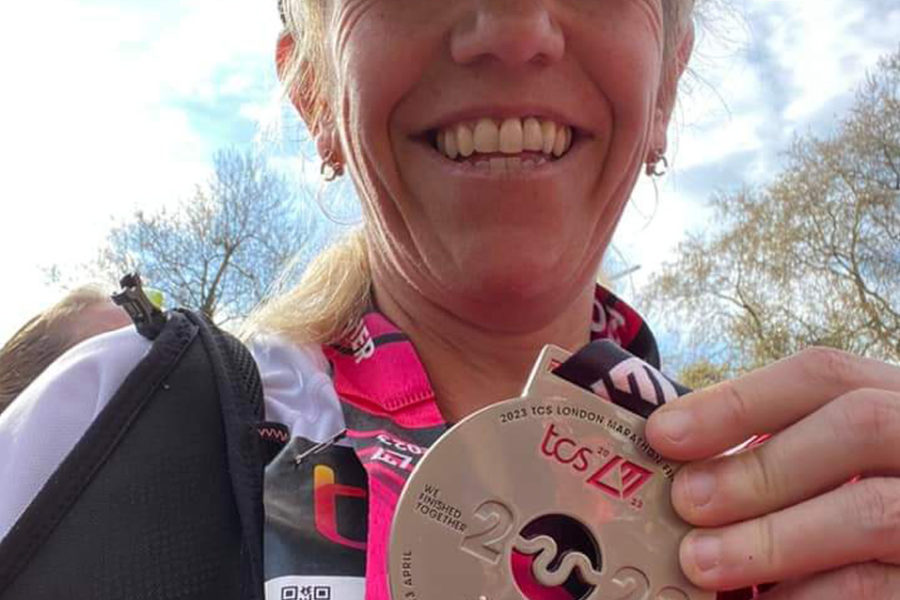 Sally Tooms London Marathon Medal running for MLD Support Association UK