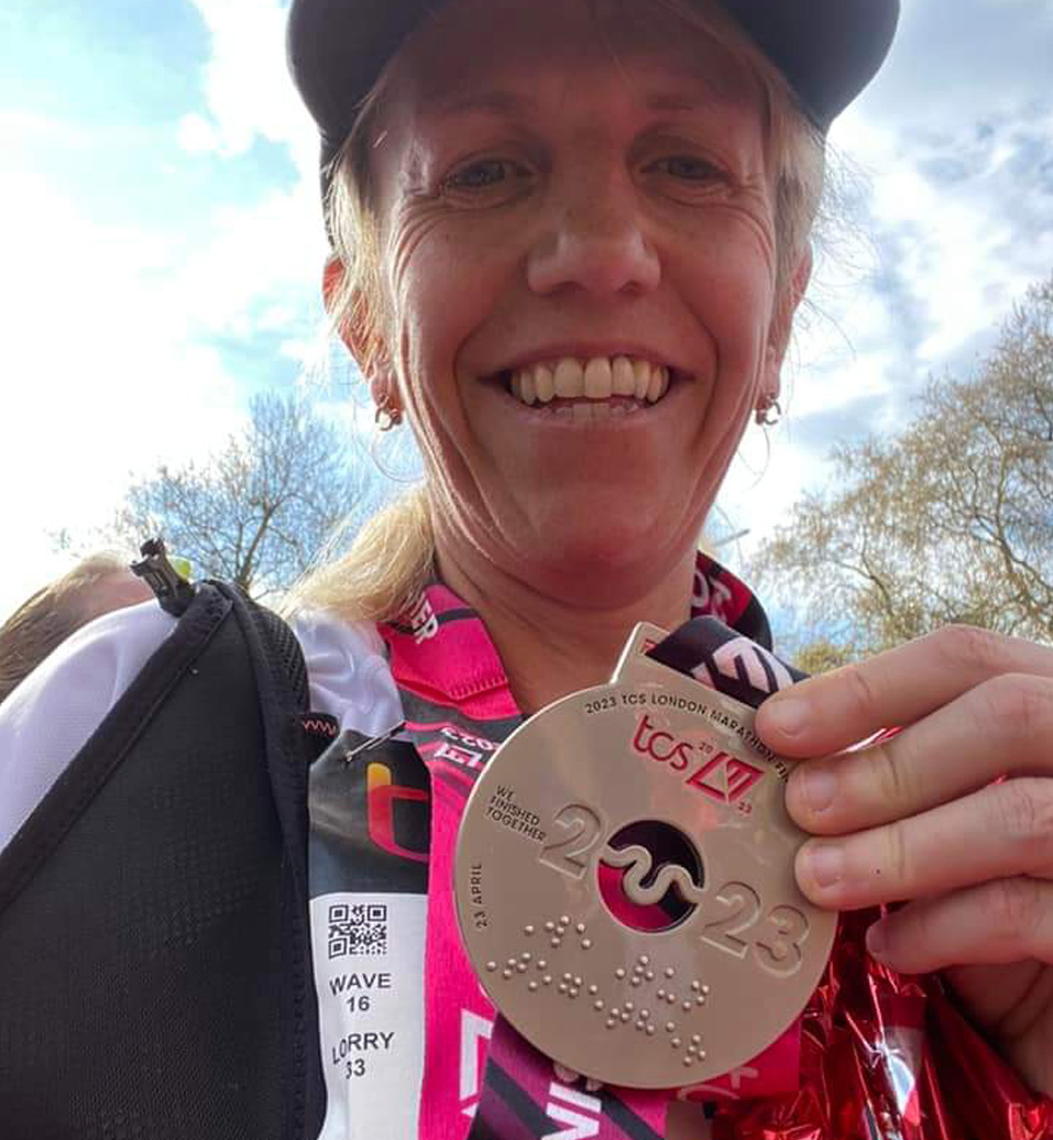 Sally Tooms London Marathon Medal running for MLD Support Association UK